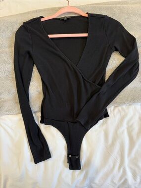 Dynamite Black Ribbed Wrap Bodysuit Top